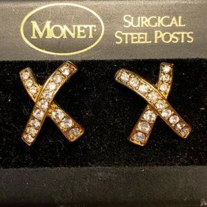 Monet Crystal Rhinestone Studded X Gold-tone Earrings | NEW on Card